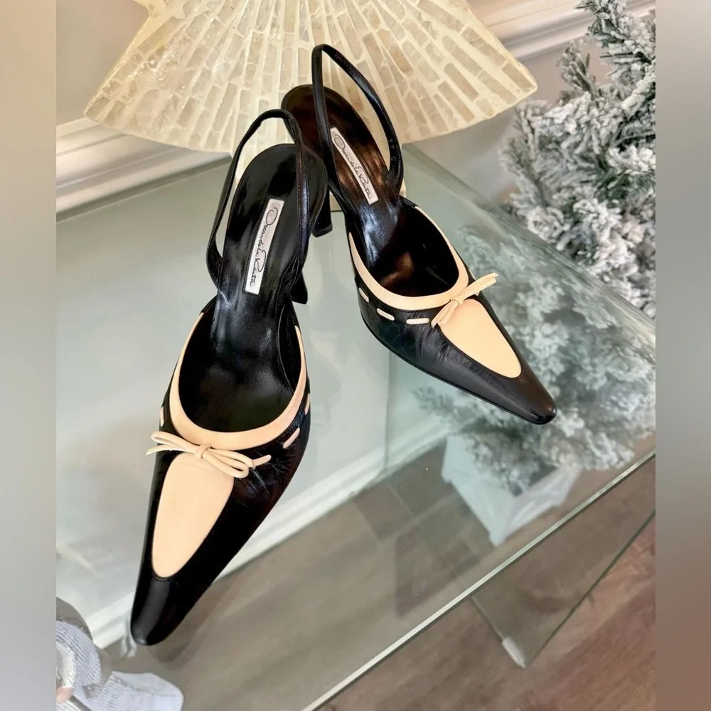 Oscar De La Renta - Vintage Black&Cream Slingback Heels - Picture 2 of 7